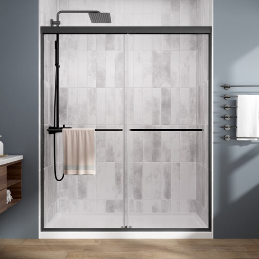 Royal Guard Double Sliding Shower Door，56-60" W x 70" H Semi-Frameless Sliding Glass Shower Door with 1/4'' (6mm) Clear SGCC Tempered Glass，Bypass Shower Enclosure，Matte Black