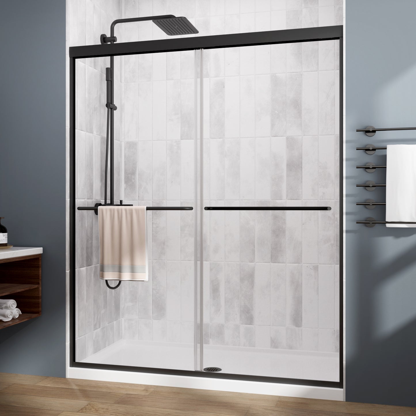 Royal Guard Double Sliding Shower Door，56-60" W x 70" H Semi-Frameless Sliding Glass Shower Door with 1/4'' (6mm) Clear SGCC Tempered Glass，Bypass Shower Enclosure，Matte Black