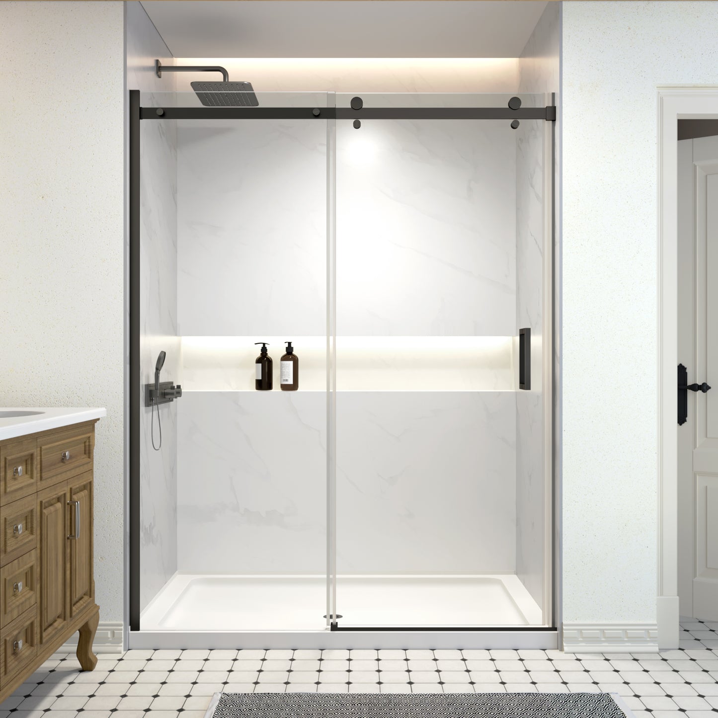 Shower Door,Royal Guard 56-60" W x 74" H Frameless Sliding Shower Door with 5/16" (8mm) Clear Tempered Glass,Matte Black Finish